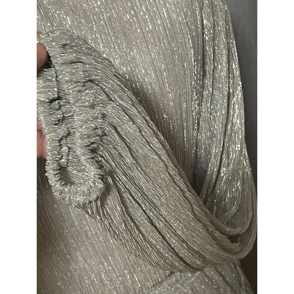 Express Silver Shimmer Pleated Tiered Mini Dress Long Sleeve SM - Picture 6 of 11